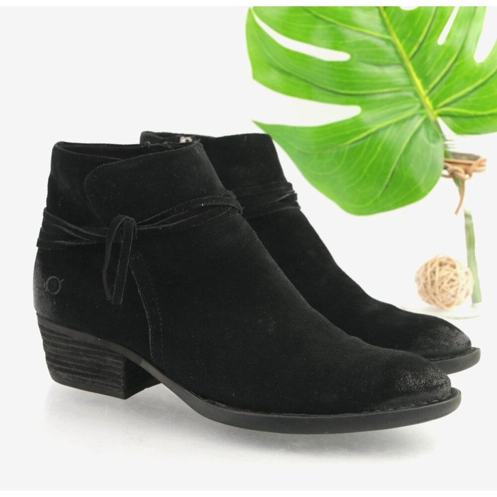 Born Womens Isobelle Boots Size 10 Black Suede Distresed Booties Low Heel Fringe